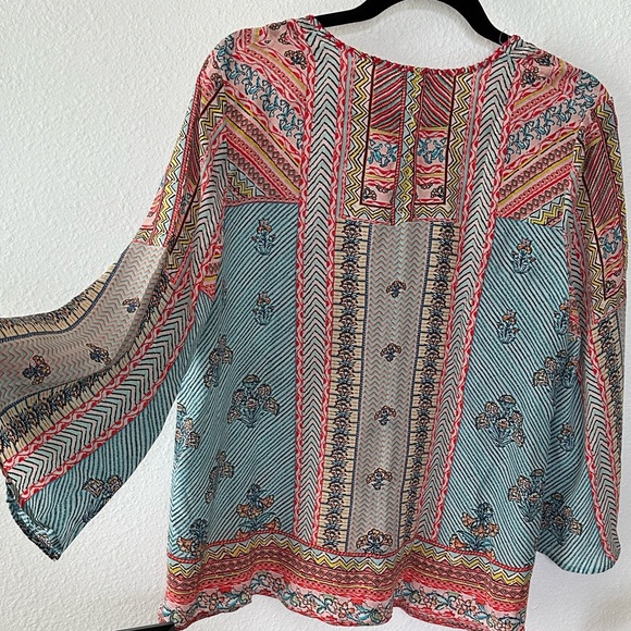 Tolani Boho Multicolor Tie-Neck Peasant Blouse Size Medium - Picture 5 of 6